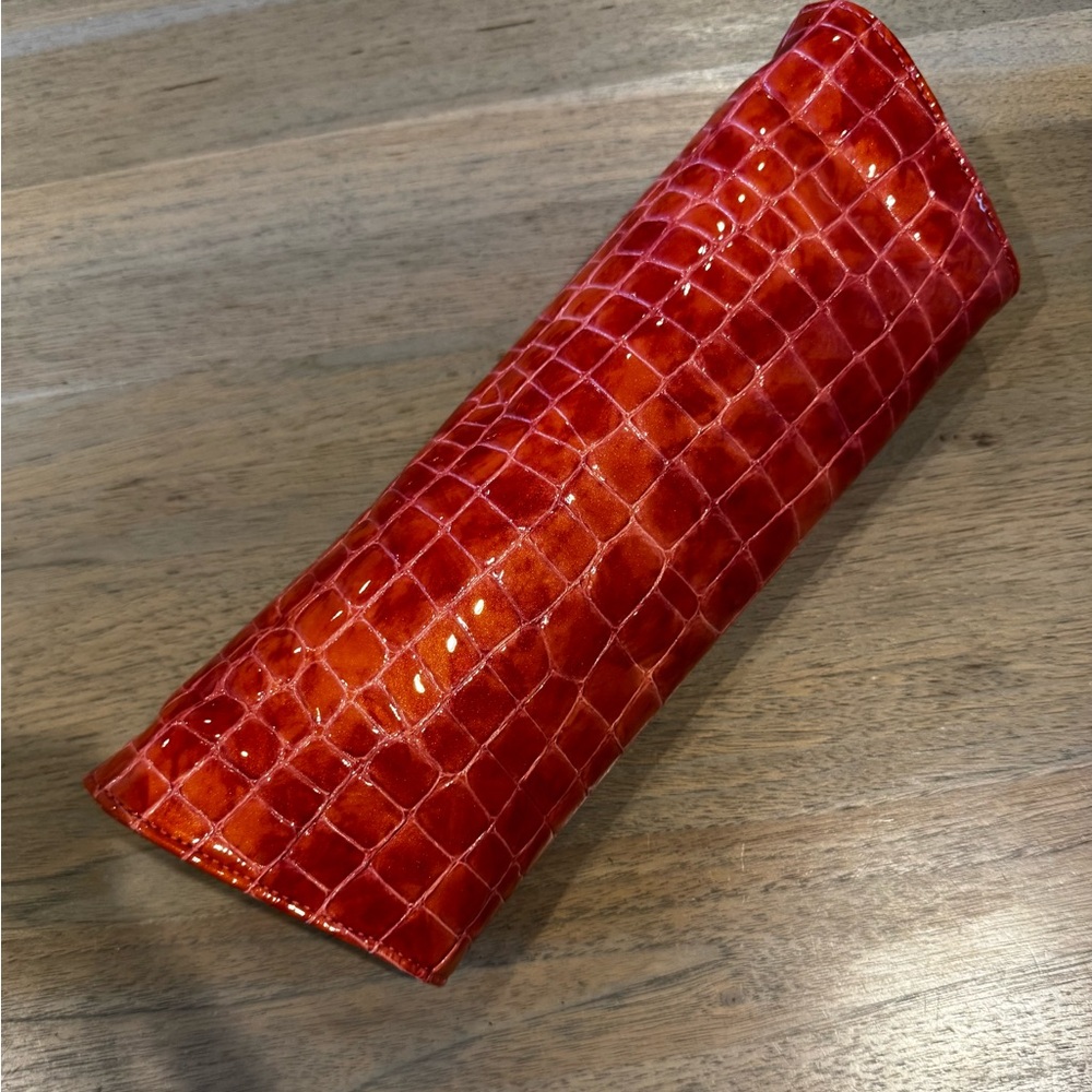 ABAS Red/Orange Croc-Embossed Patent Leather Envelope Clutch | Magnetic Closure - Picture 3 of 6